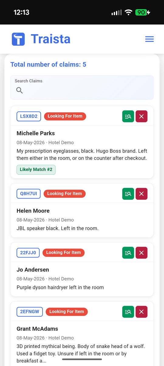 Traista claims list on mobile